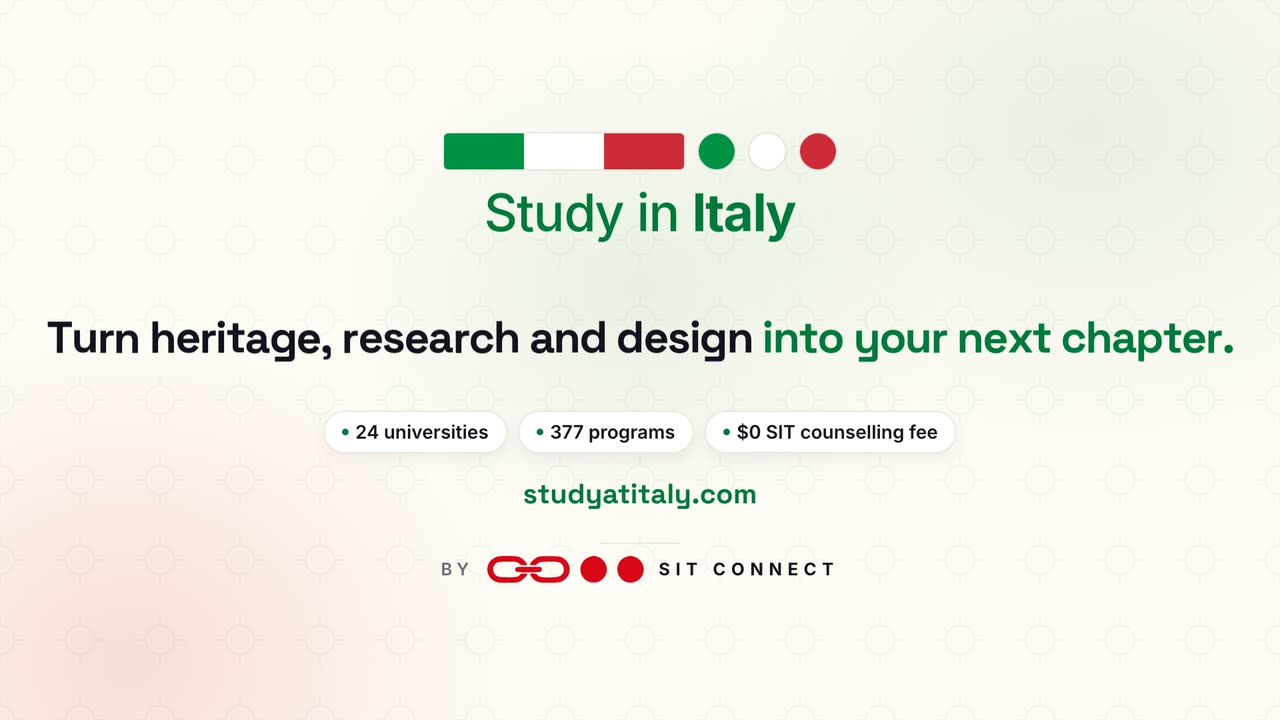 Promotional video about studying in Italy: a student pass stamped admitted, six application steps completed one by one, and student cities in Italy.